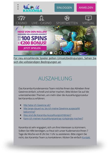 Auszahlung im mobile Casino von Karamba