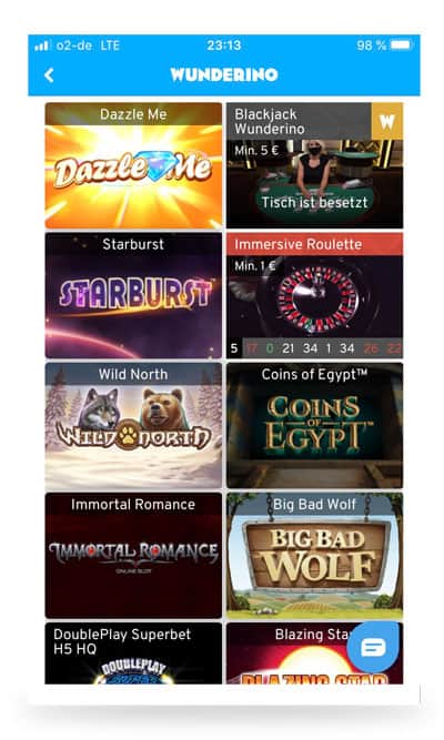 Spielauswahl Wunderino App